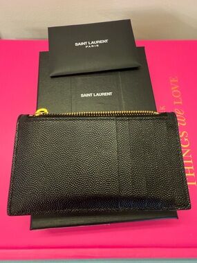 Saint Laurent Black Textured Leather Zip Card Holder with Gold Hardware